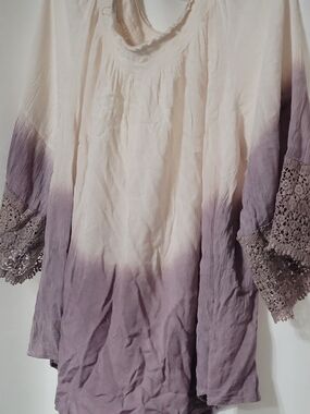 Cato Cream to Lavender Ombre Tunic with Crochet Sleeve Trim